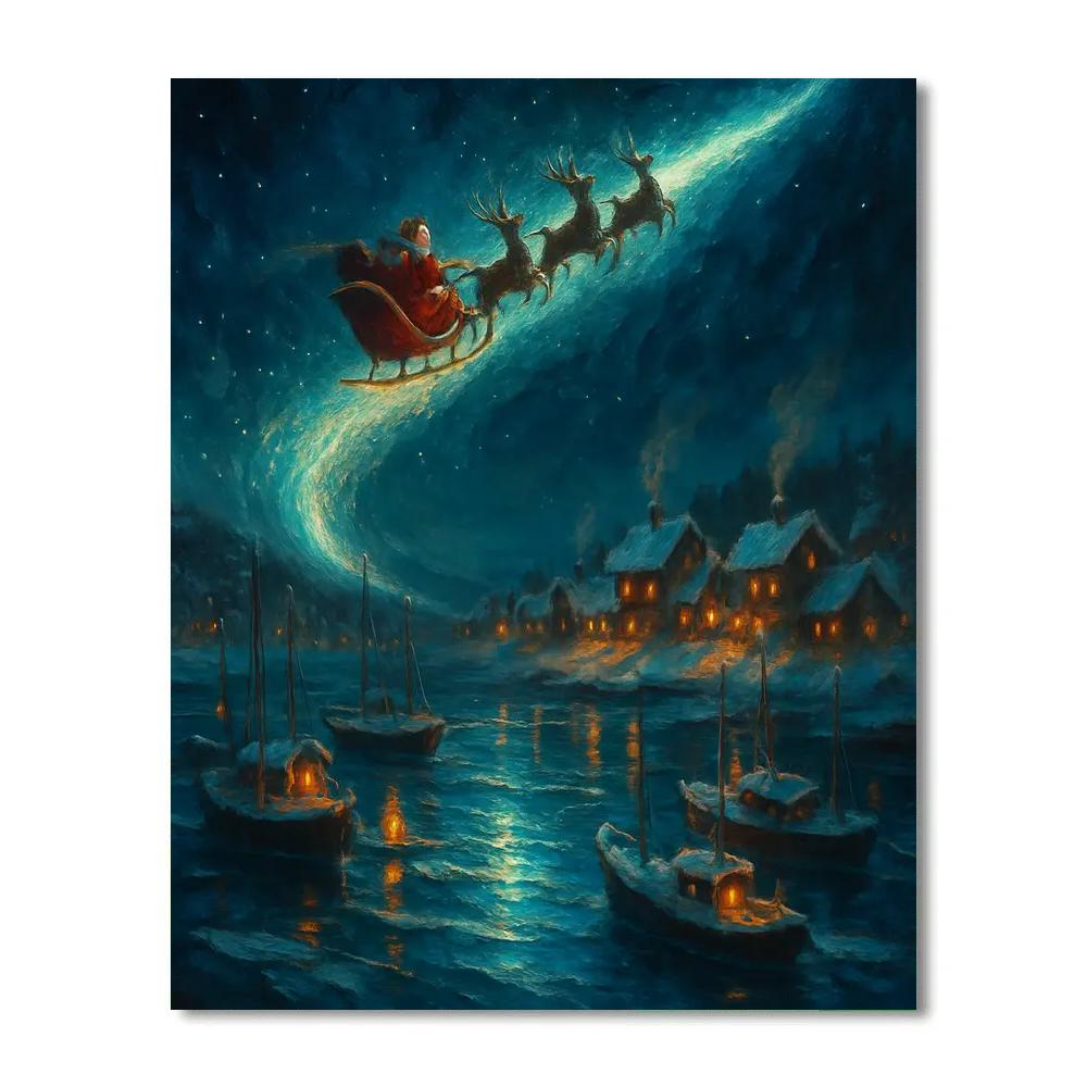 Midnight Sleigh Over Frozen Harbor paint by number