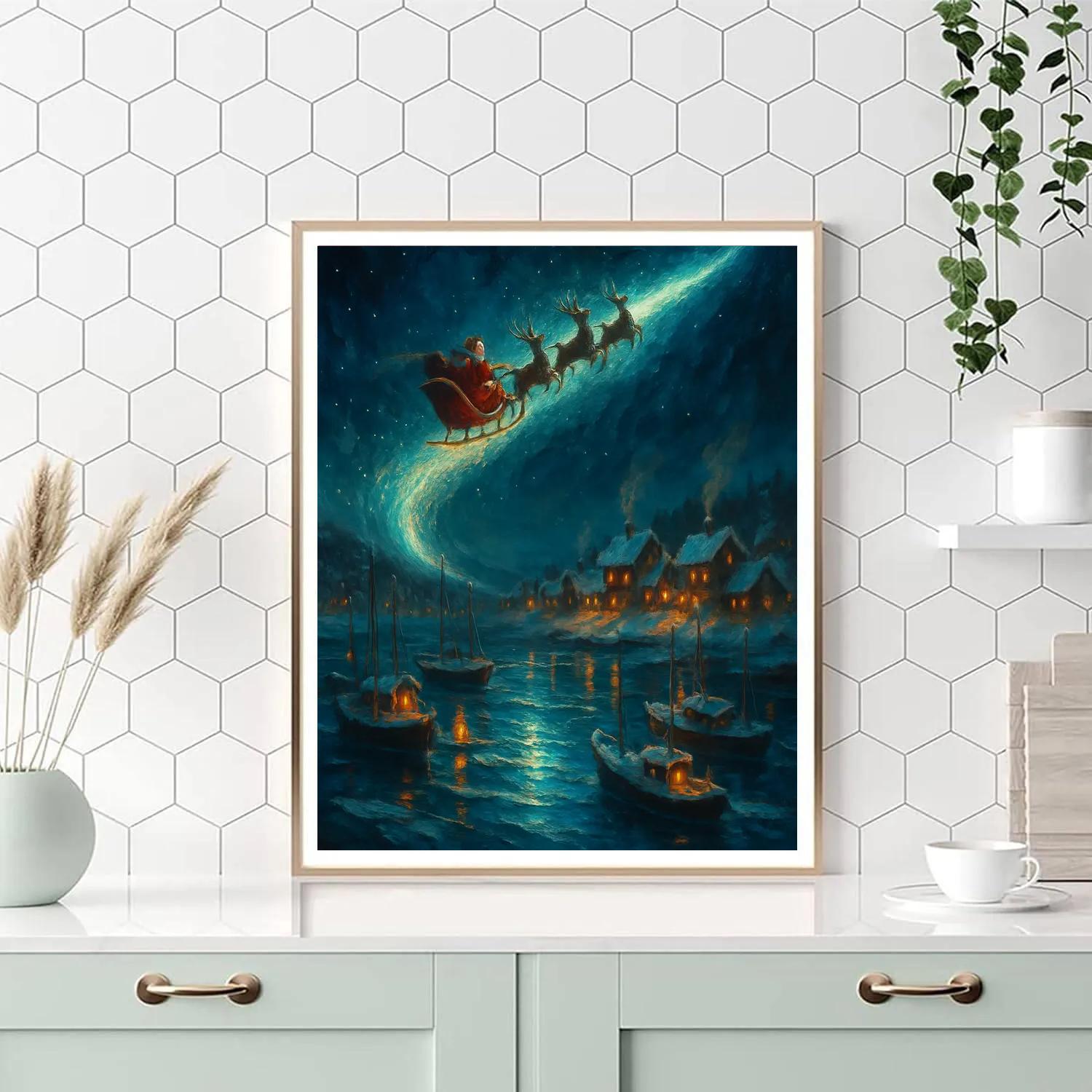 Midnight Sleigh Over Frozen Harbor paint by number