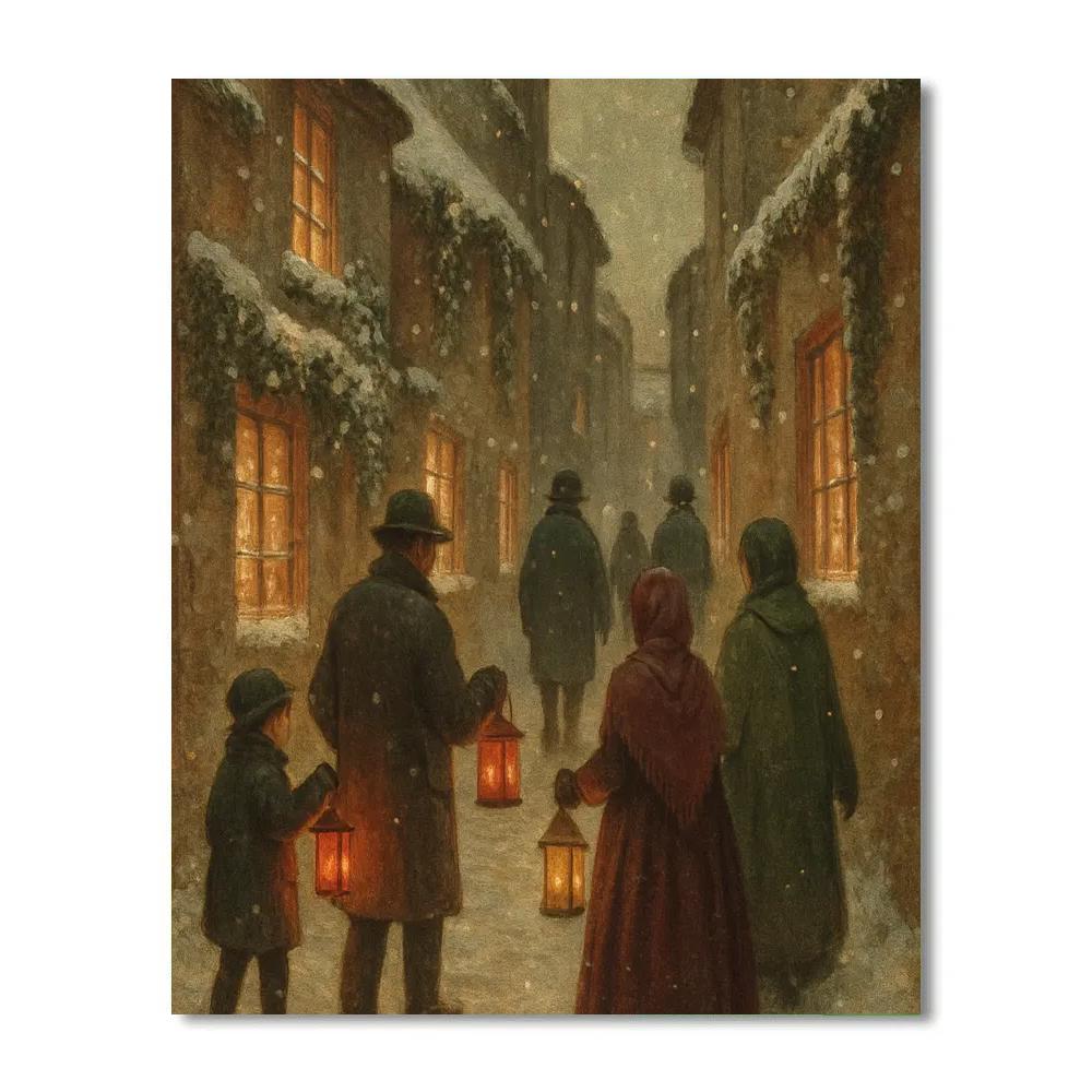 Lantern Parade In Snowy Alley paint by number