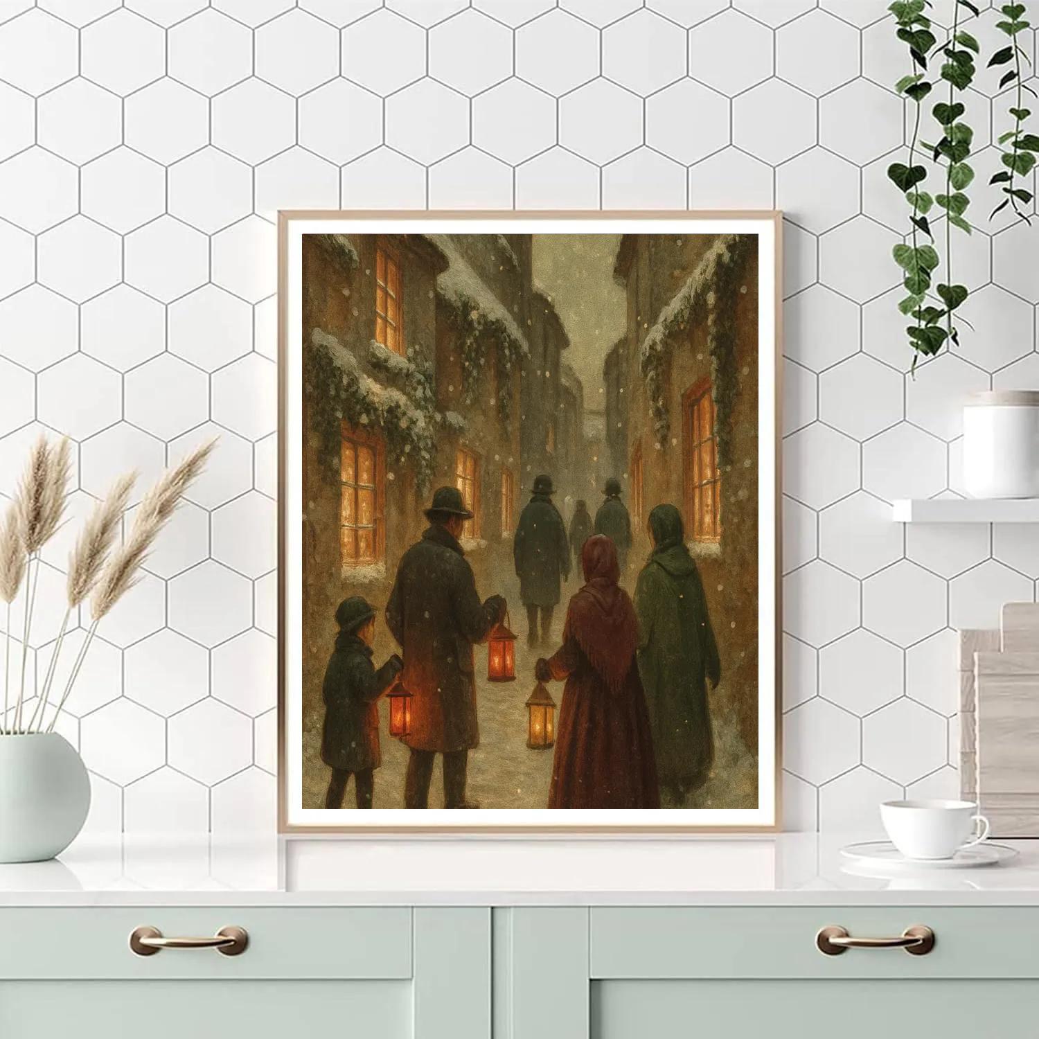 Lantern Parade In Snowy Alley paint by number