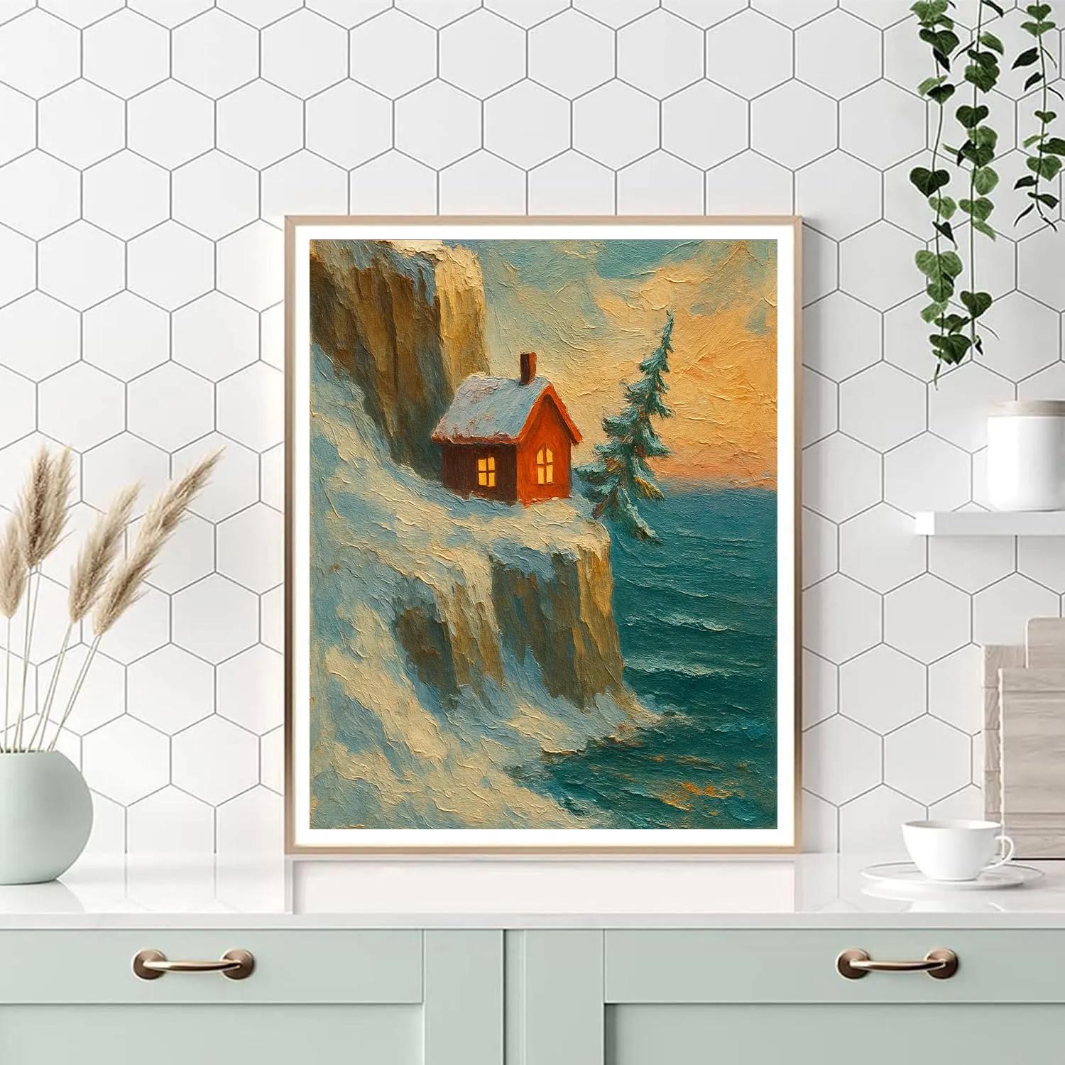 Christmas Cottage On Cliffside Coast Painting by numbers kit