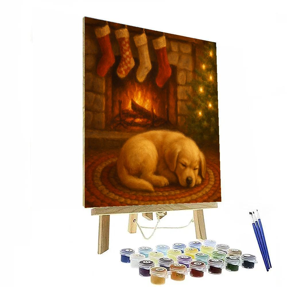 Fireside Stockings And Sleeping Pup Painting by numbers kit