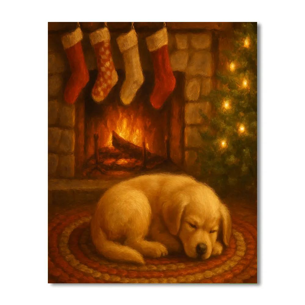 Fireside Stockings And Sleeping Pup Painting by numbers kit