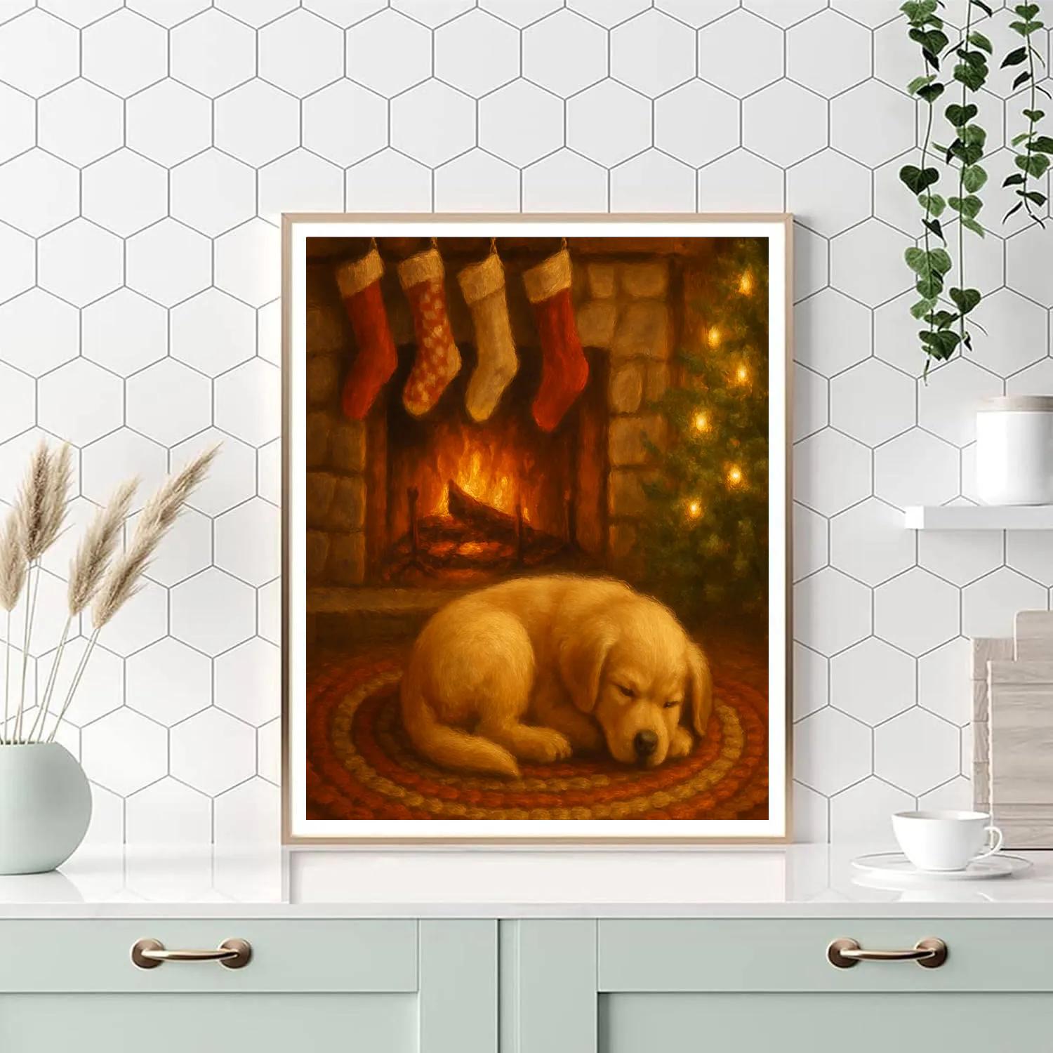 Fireside Stockings And Sleeping Pup Painting by numbers kit