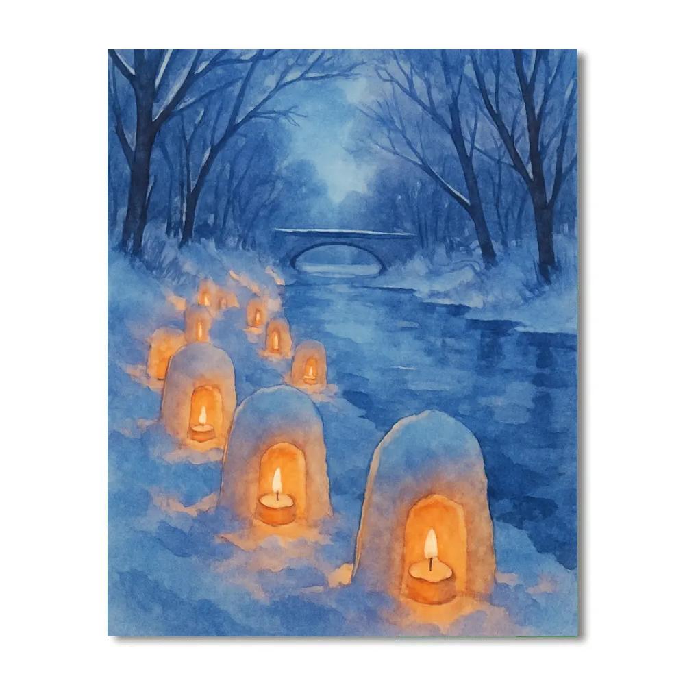 Snow Lanterns Along The Frozen River paint by number