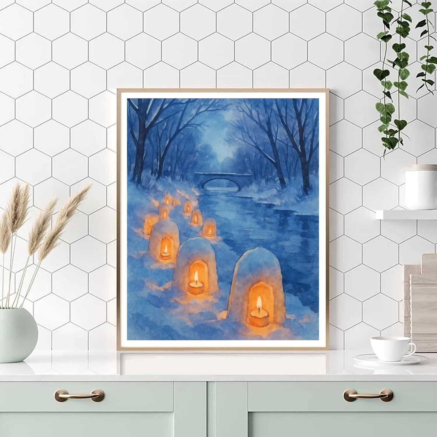 Snow Lanterns Along The Frozen River paint by number