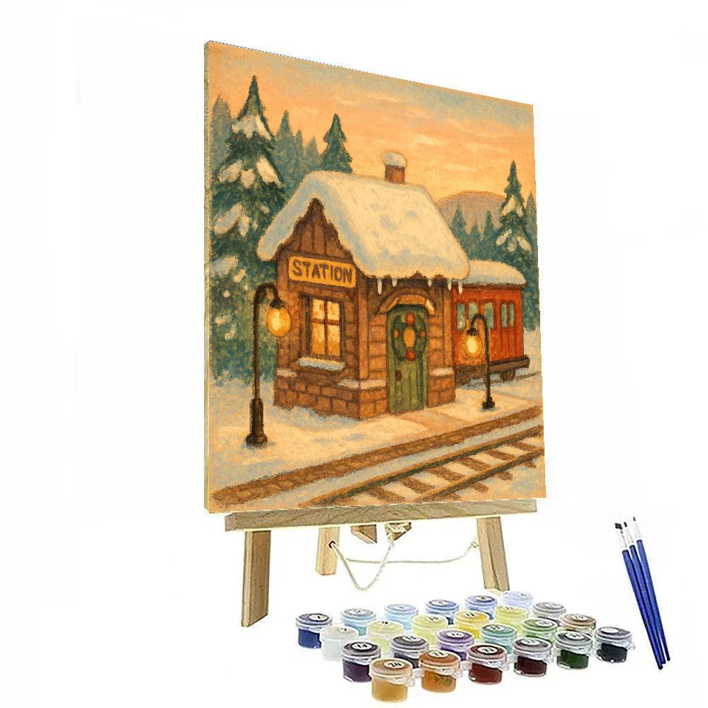 Winter Woodland Train Station paint by number