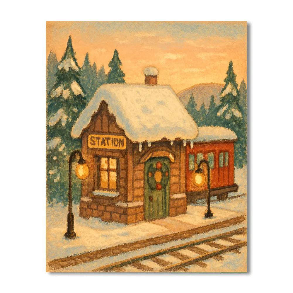 Winter Woodland Train Station paint by number