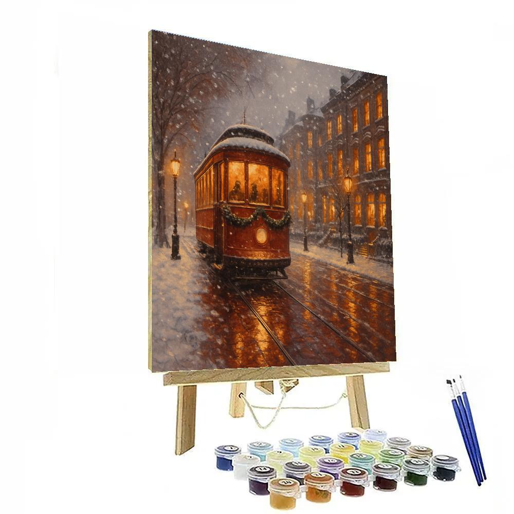 Vintage Tram Through Winter Boulevard paint by number