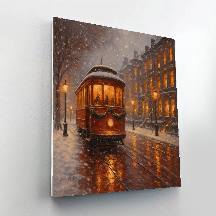Vintage Tram Through Winter Boulevard paint by number