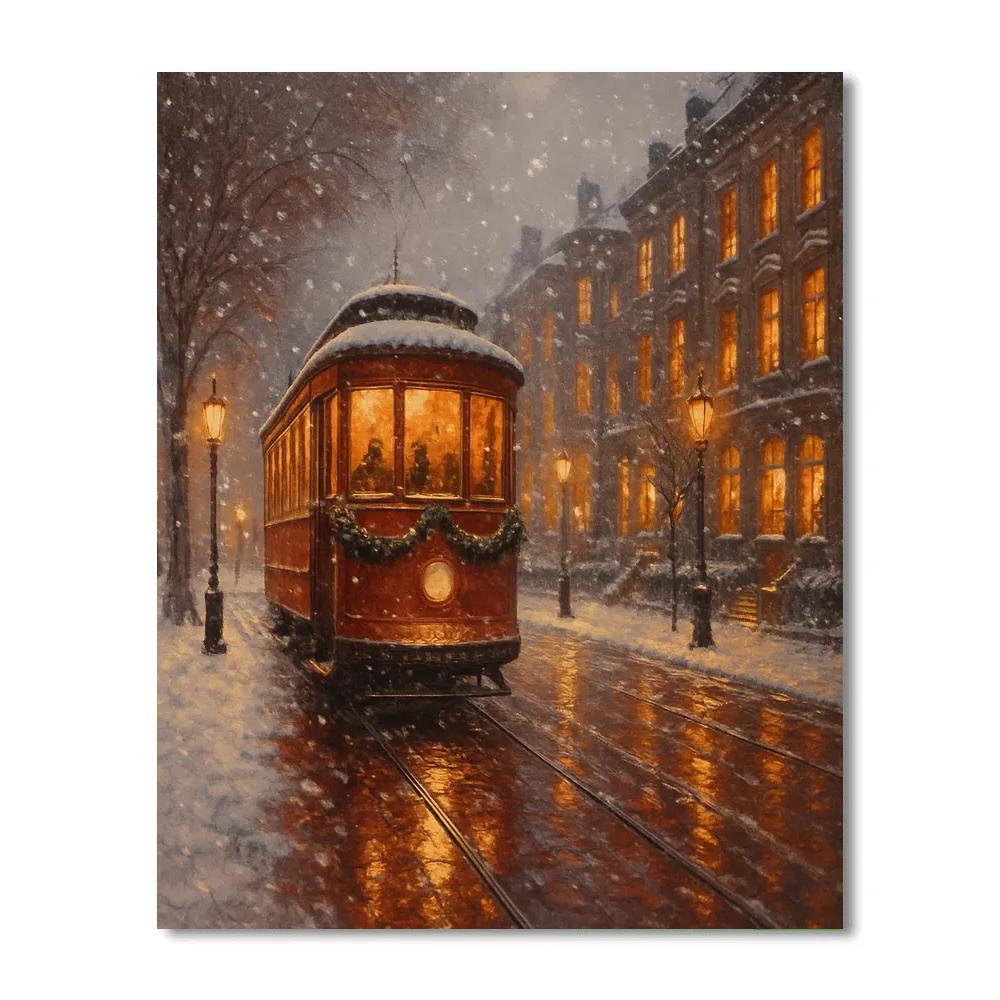 Vintage Tram Through Winter Boulevard paint by number