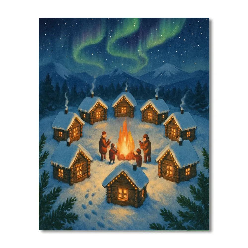 Northern Lights Christmas Cabin Circle DIY paint by numbers