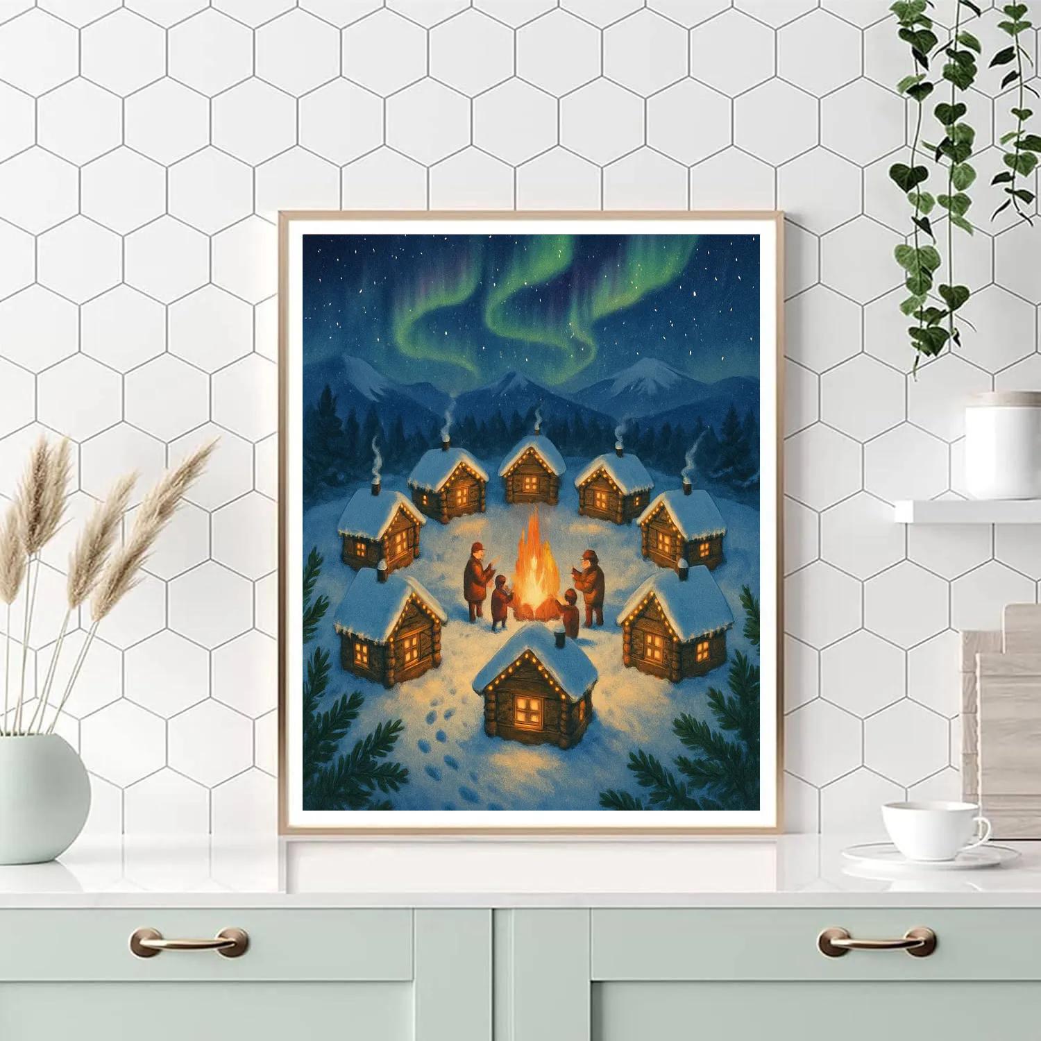 Northern Lights Christmas Cabin Circle DIY paint by numbers