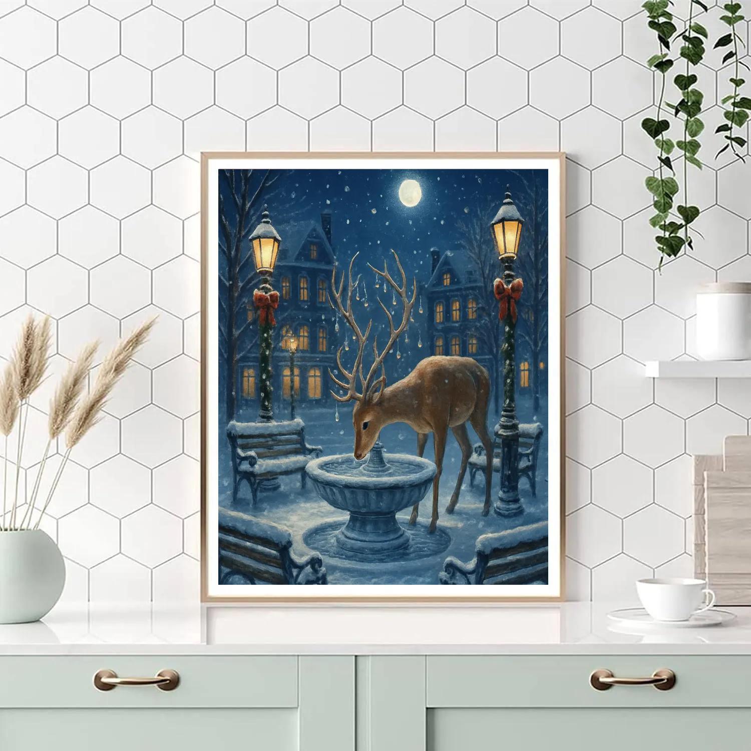 Christmas Deer At The Frozen Fountain Paint by numbers art