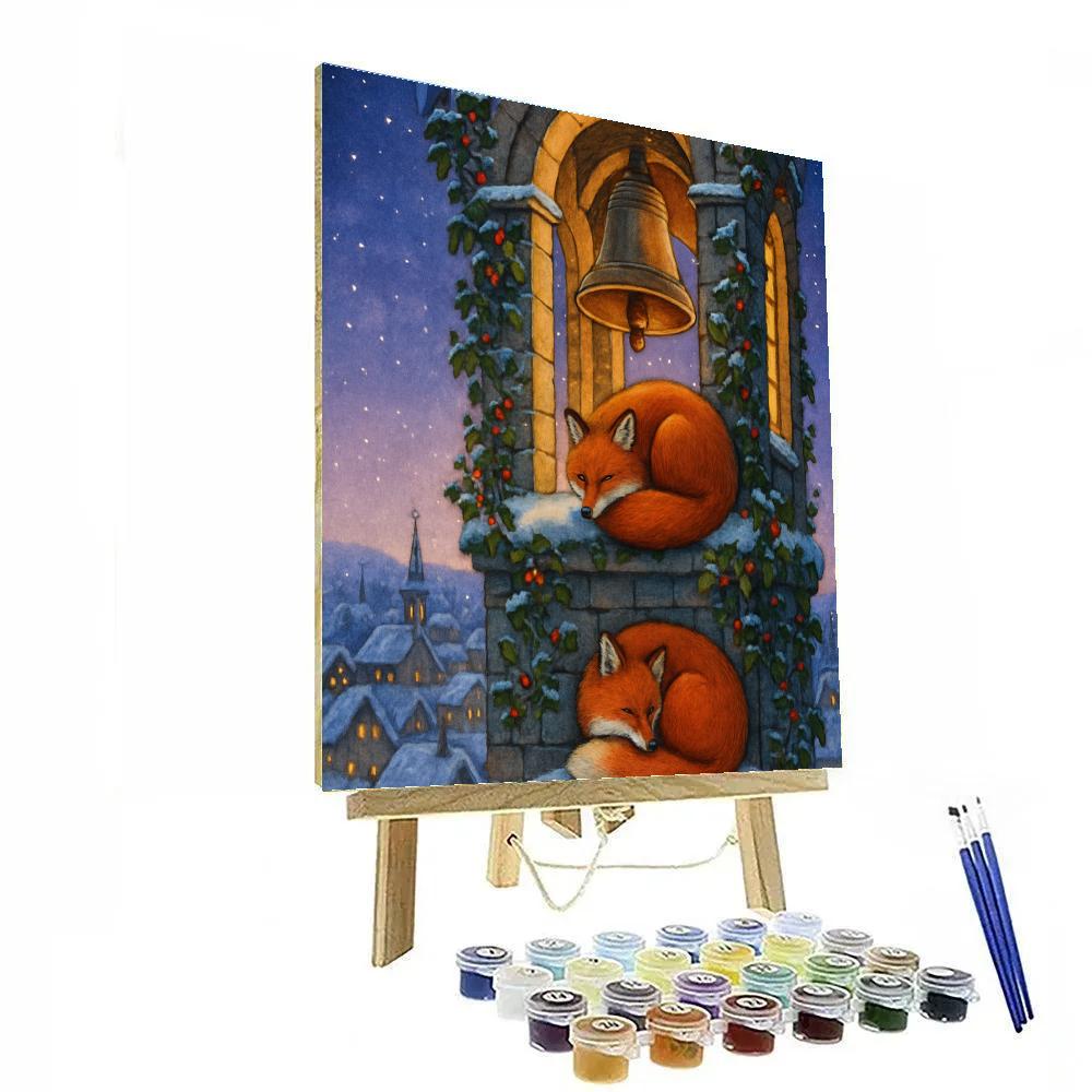 Snowy Christmas Bell Tower Foxes painting number kit