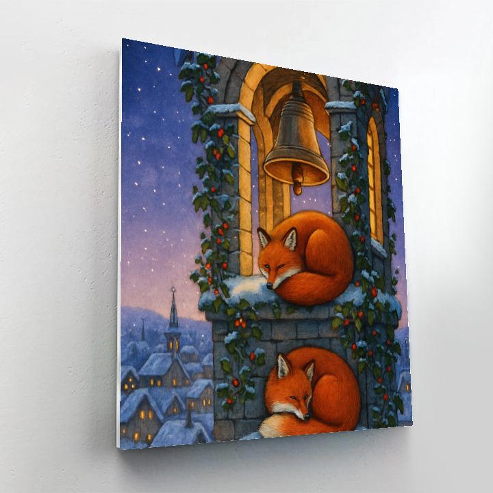 Snowy Christmas Bell Tower Foxes painting number kit