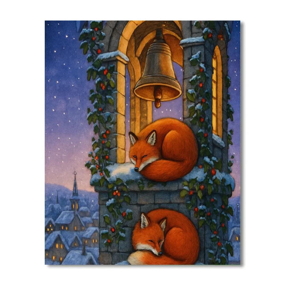 Snowy Christmas Bell Tower Foxes painting number kit