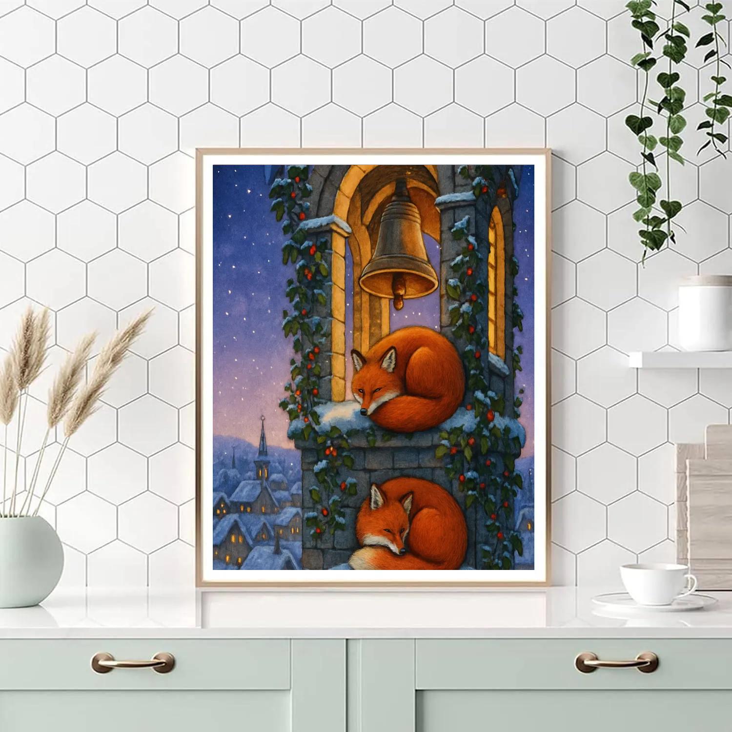 Snowy Christmas Bell Tower Foxes painting number kit