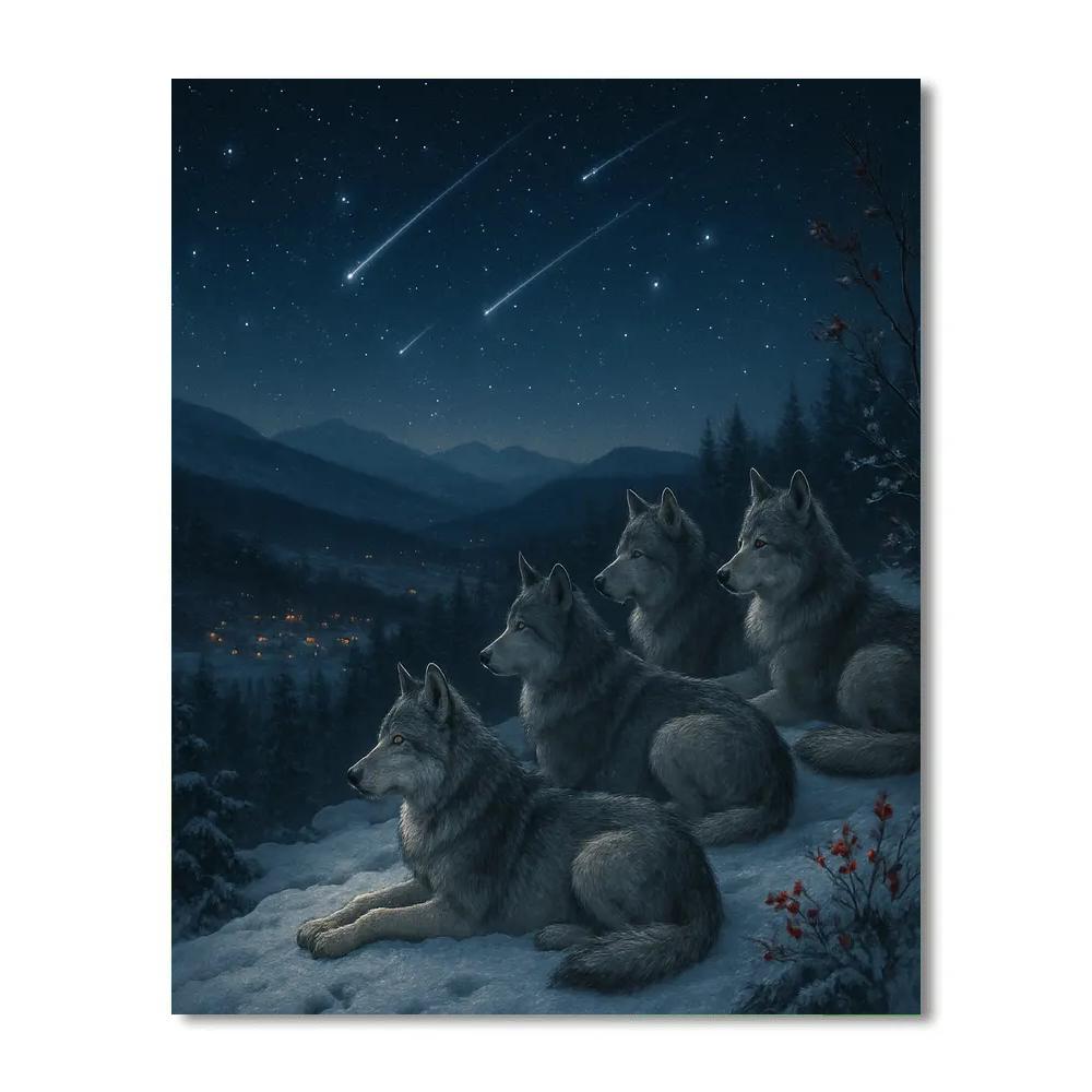 Christmas Wolf Pack Under Falling Stars Painting by numbers kit