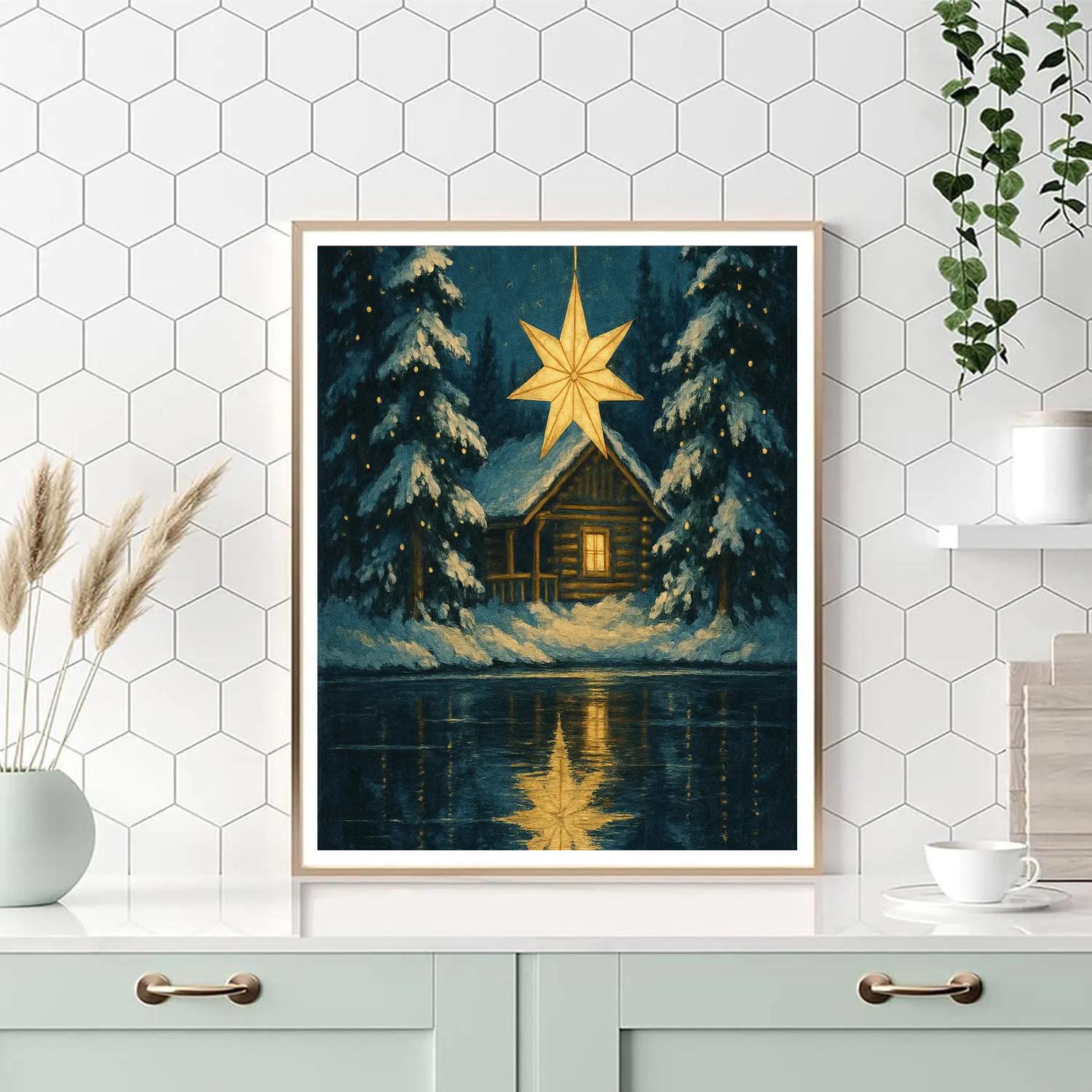 Christmas Star Reflection Lake Cabin Numbered painting kits