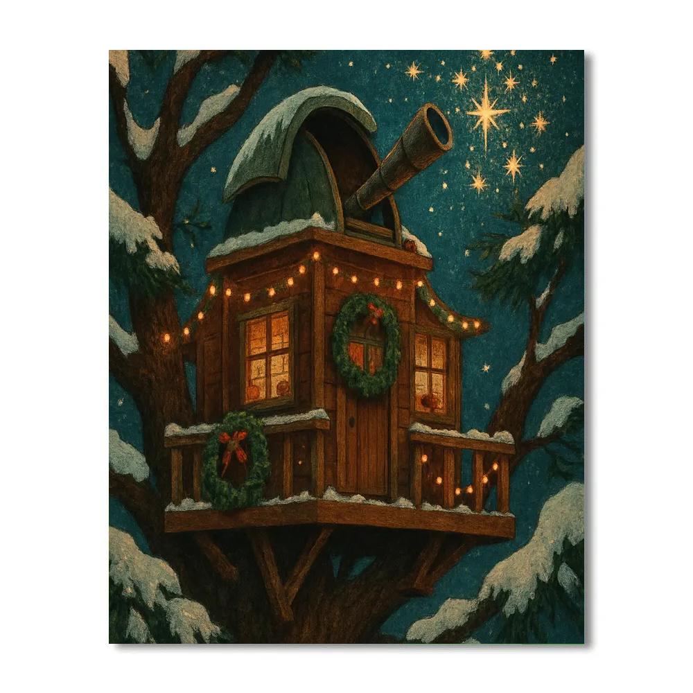 Christmas Stargazer Treehouse Observatory painting number kit