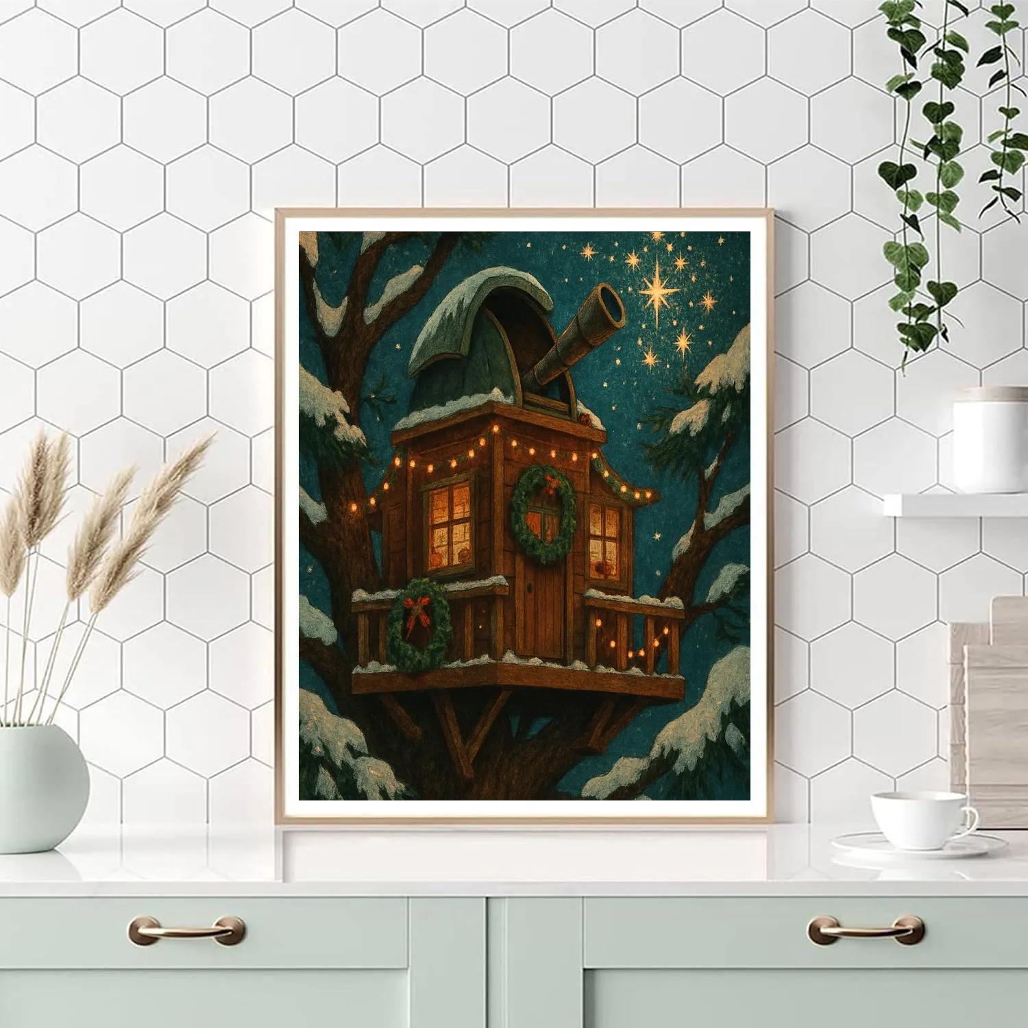 Christmas Stargazer Treehouse Observatory painting number kit
