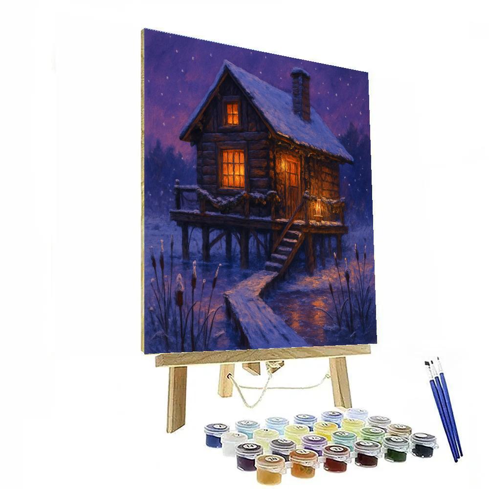 Christmas Firelight Cabin On Frozen Marsh Numbered painting kits