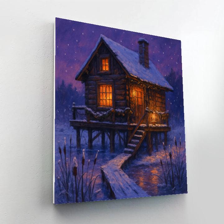 Christmas Firelight Cabin On Frozen Marsh Numbered painting kits