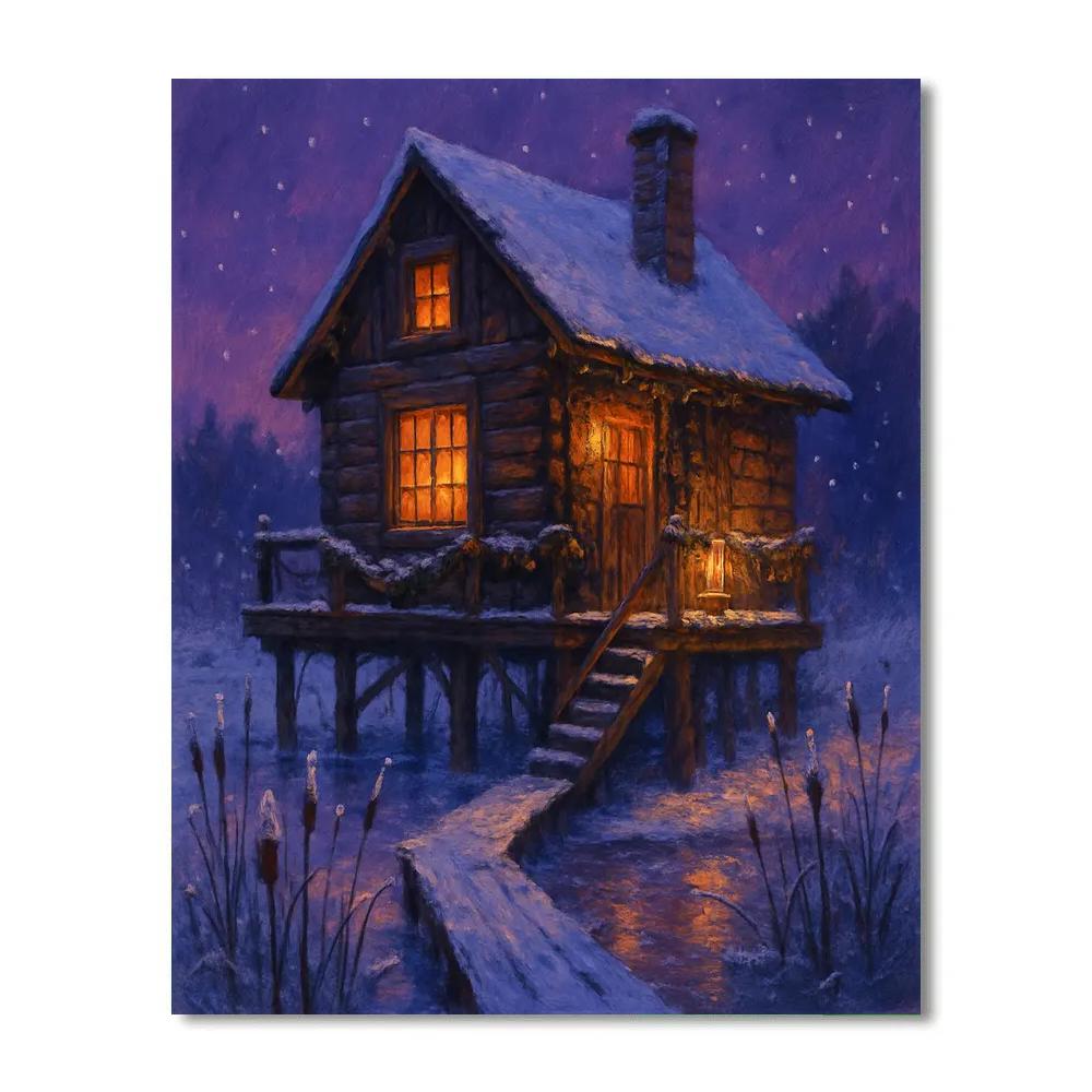 Christmas Firelight Cabin On Frozen Marsh Numbered painting kits