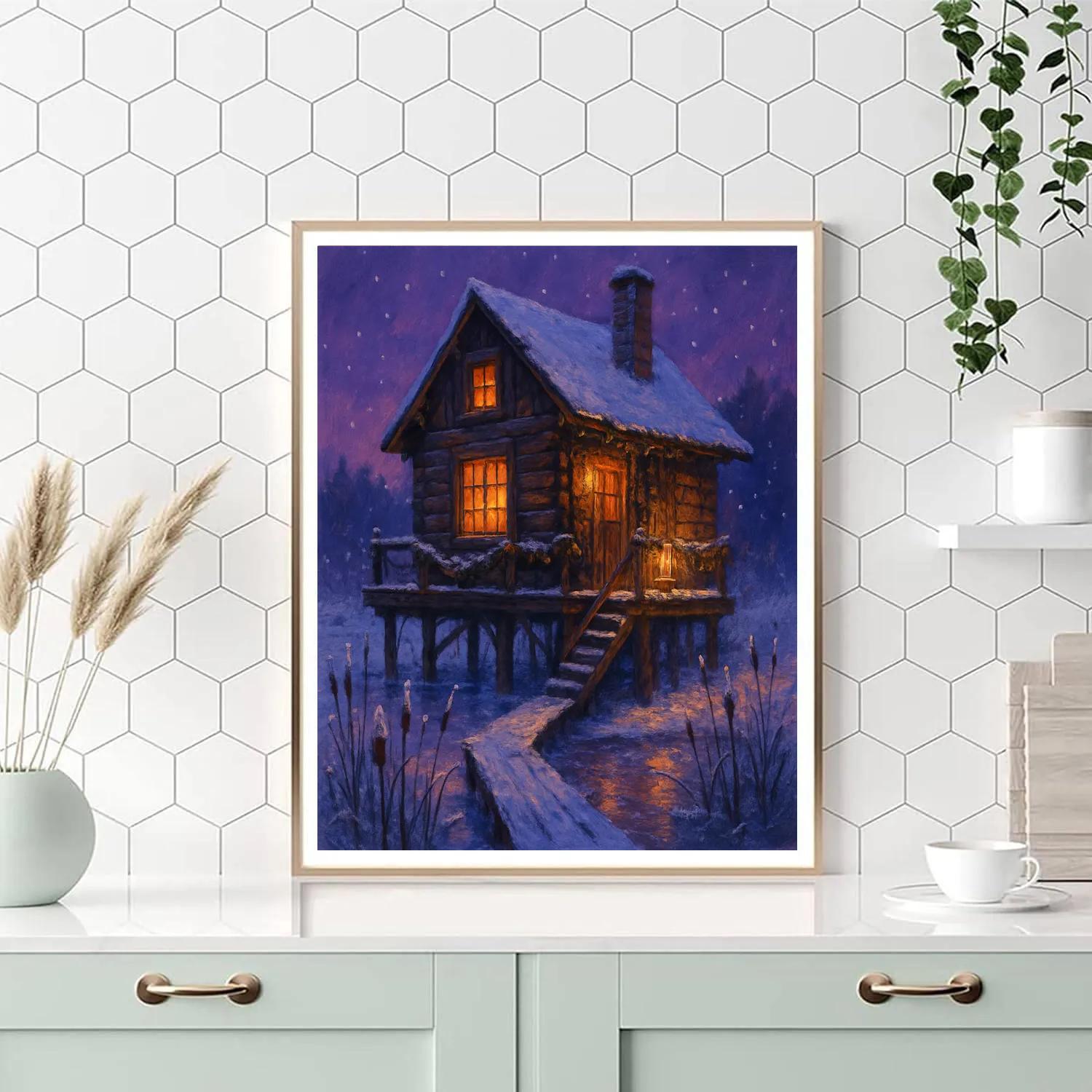 Christmas Firelight Cabin On Frozen Marsh Numbered painting kits
