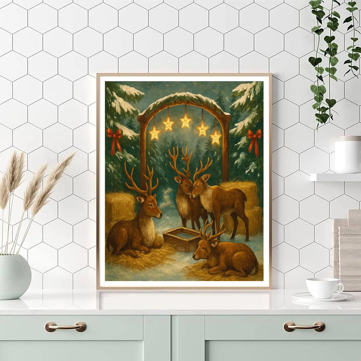 Reindeer Rest Stop Beneath Star Garland Paint by numbers kits