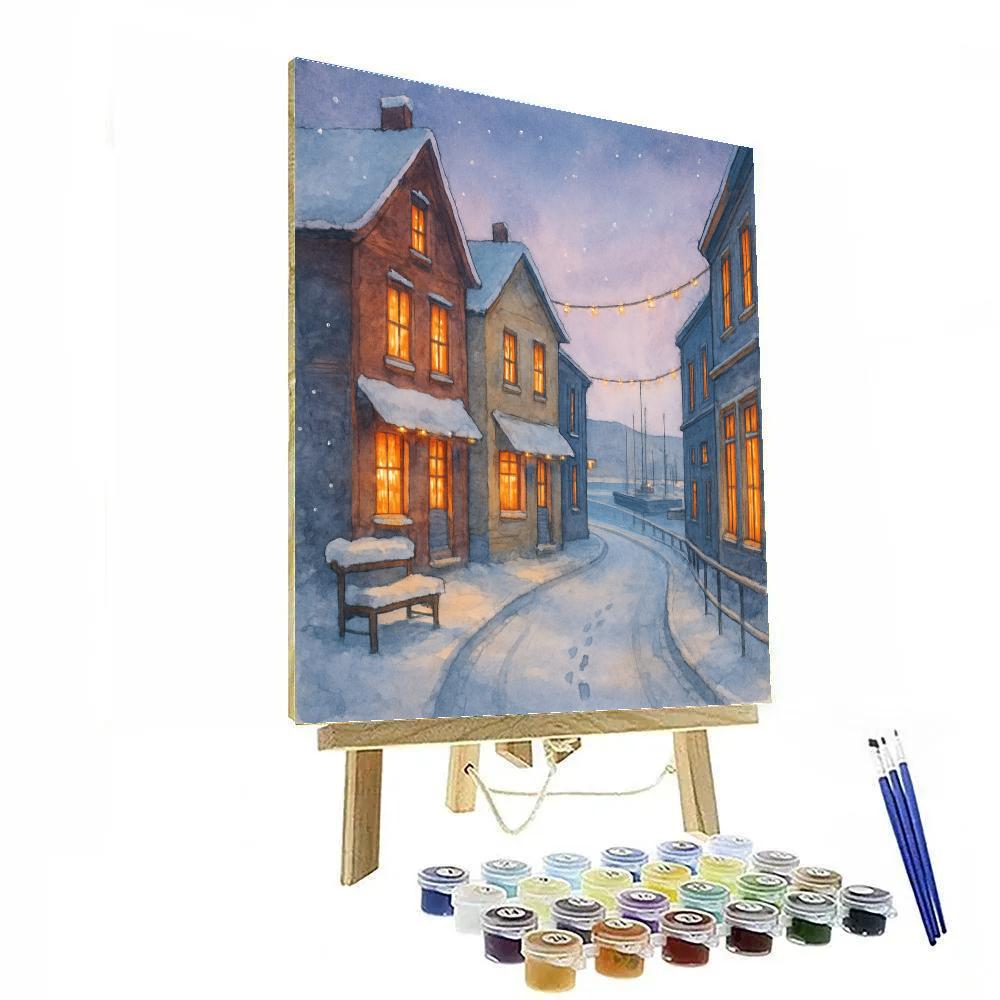 Snowy Harbor Street With Candlelit Windows paint by number