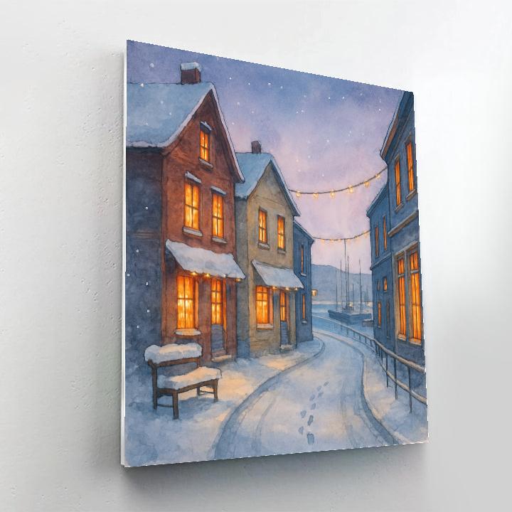 Snowy Harbor Street With Candlelit Windows paint by number