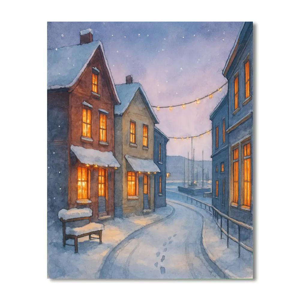 Snowy Harbor Street With Candlelit Windows paint by number