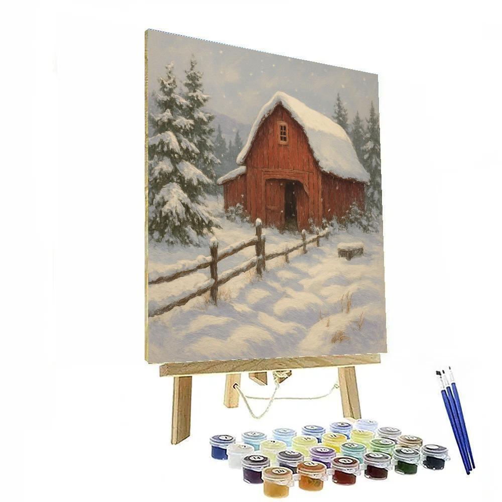 The Quiet Red Barn Under Falling Powder Number painting