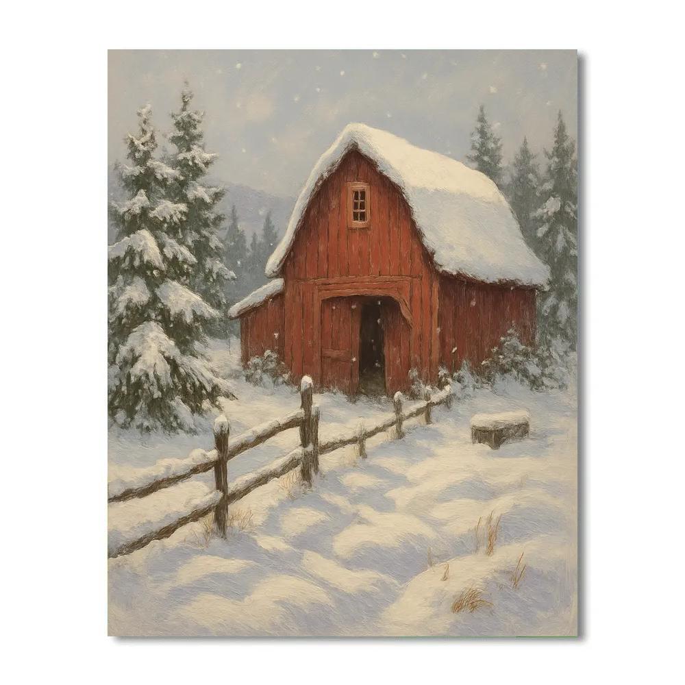 The Quiet Red Barn Under Falling Powder Number painting
