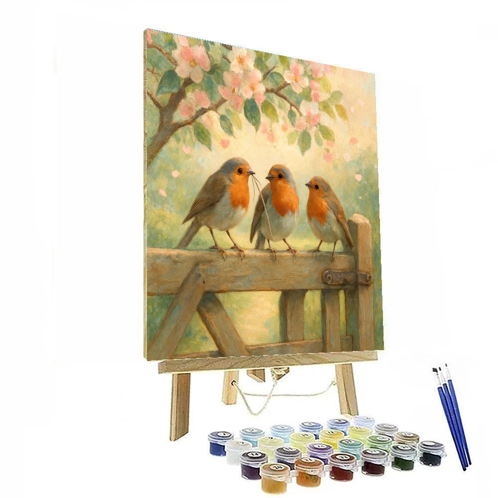 Apple Blossom Robins In A Spring Gate Garden painting number kit