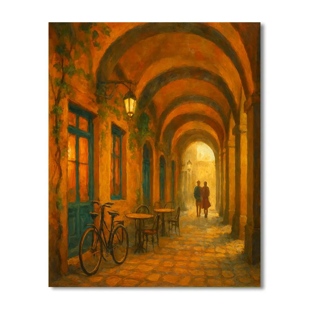 Golden Hour Arcade With Bicycles And Cafe Glow paint by numbers