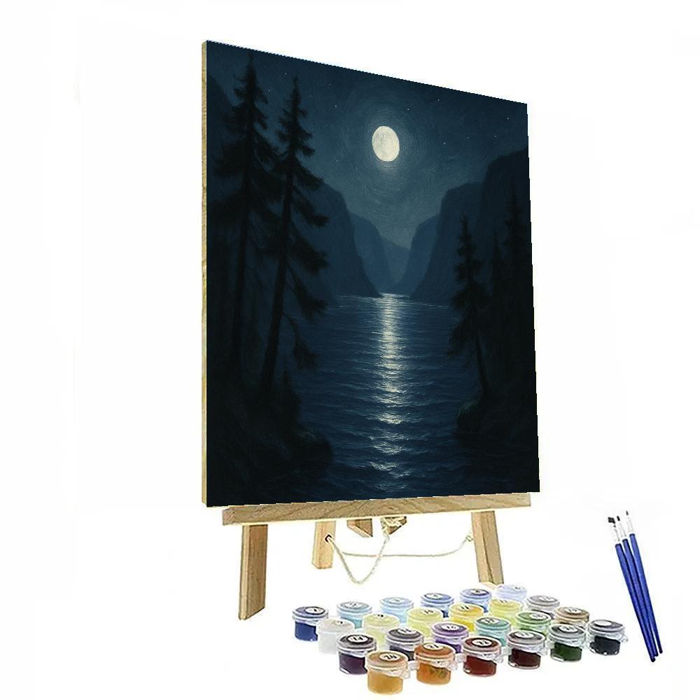 Moonlit Fjord Lake With Silver Pines paint by number