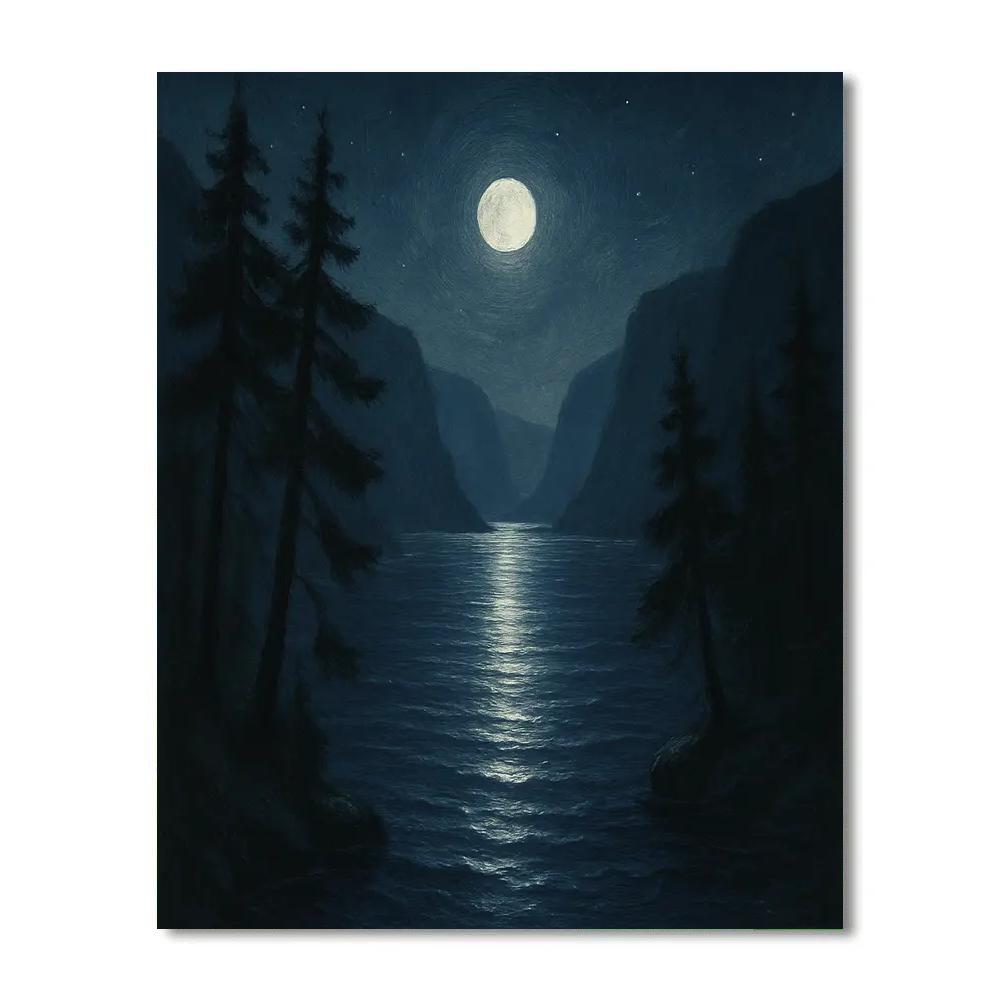 Moonlit Fjord Lake With Silver Pines paint by number