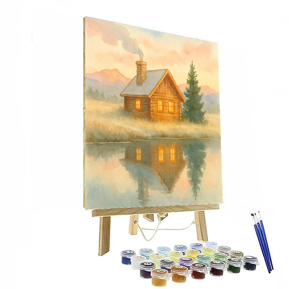 Sunrise Cabin Smoke Over Quiet Pond painting number kit
