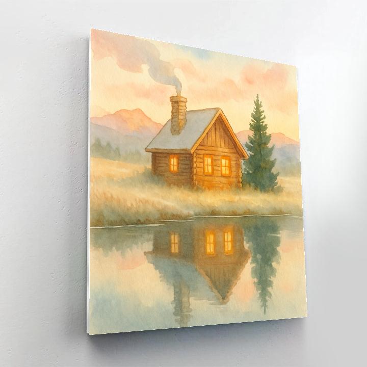 Sunrise Cabin Smoke Over Quiet Pond painting number kit