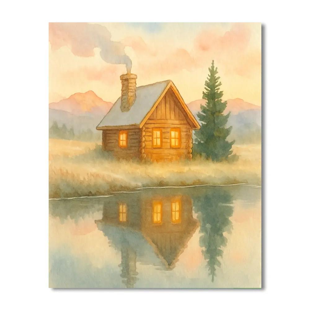 Sunrise Cabin Smoke Over Quiet Pond painting number kit