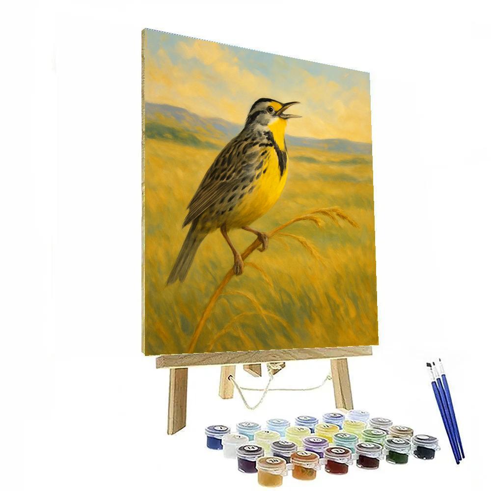 Meadow Lark Pause In Sunlit Prairie Grasses paint by number