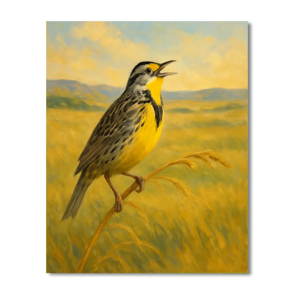 Meadow Lark Pause In Sunlit Prairie Grasses paint by number