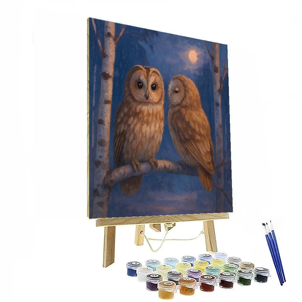 Moonlit Owls In The Silver Birch Clearing Painting by numbers kit