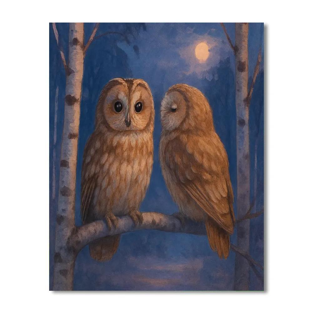 Moonlit Owls In The Silver Birch Clearing Painting by numbers kit