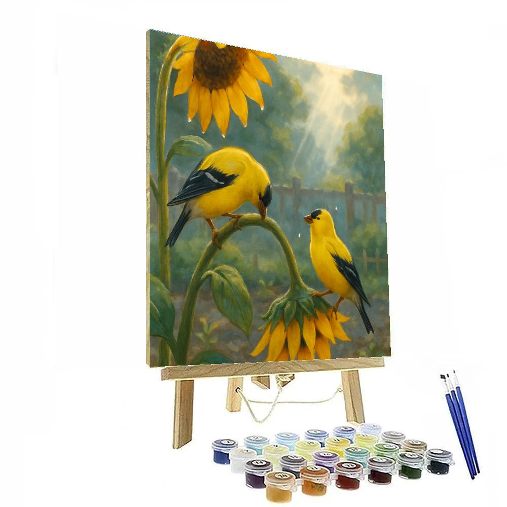 Goldfinches On Sunflower Stalks After Rain Painting by numbers kit