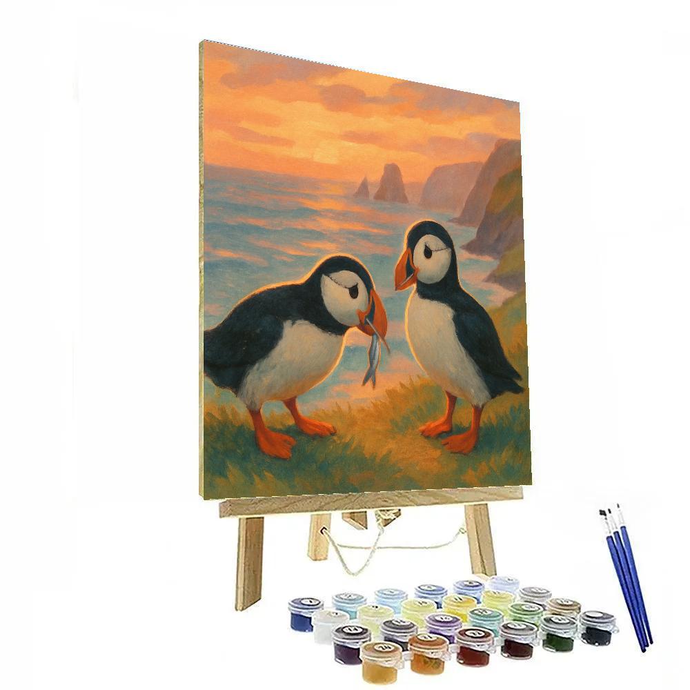 Coastal Puffins At A Cozy Sea Cliff Sunset Painting by numbers kit