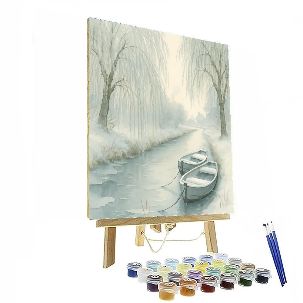 Winter Canal Rowboats Under Frosted Willows Paint by numbers art